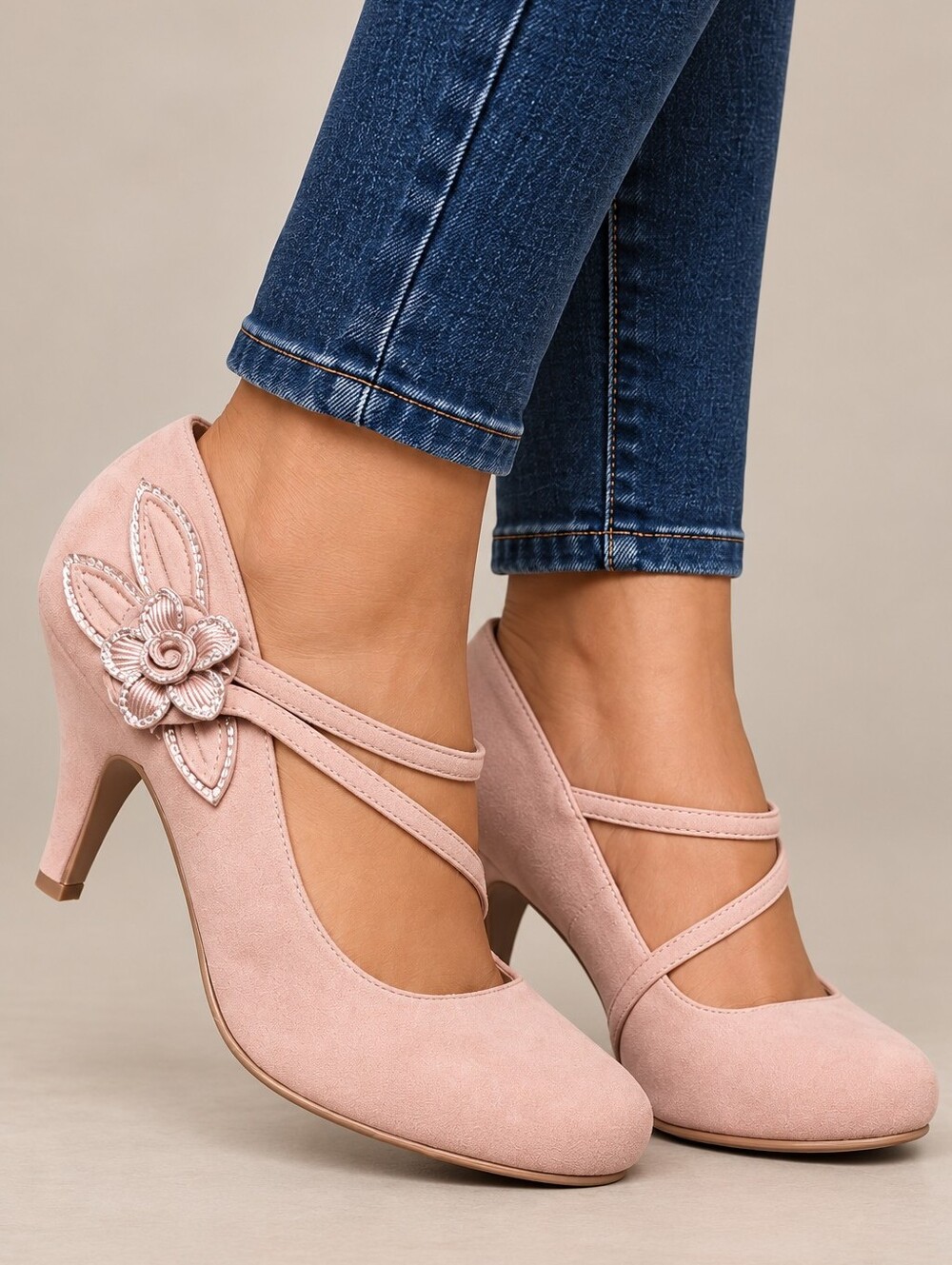 Mila Lady Mary Jane Faux Suede Strappy Pump Blush Pink - NIB